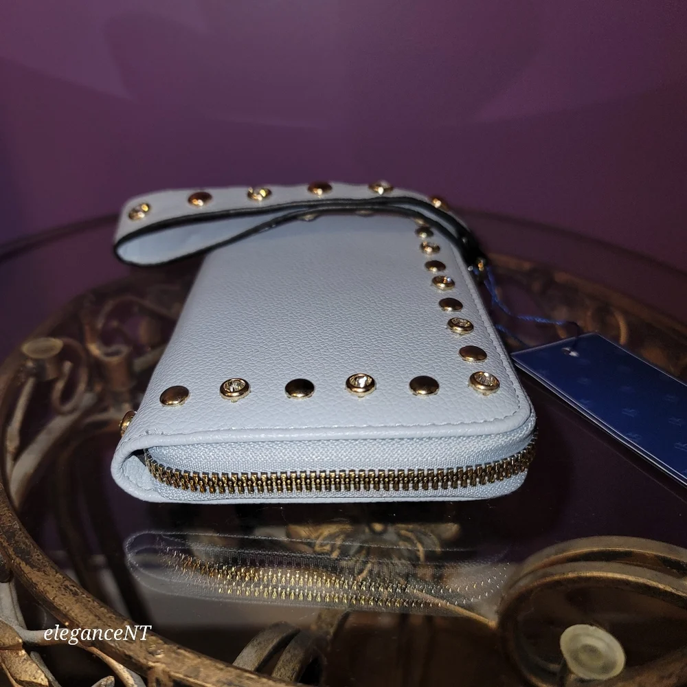 DS Bags Light Blue Studded wristlet wallet clutch with gem studded border NWT - Picture 7 of 11